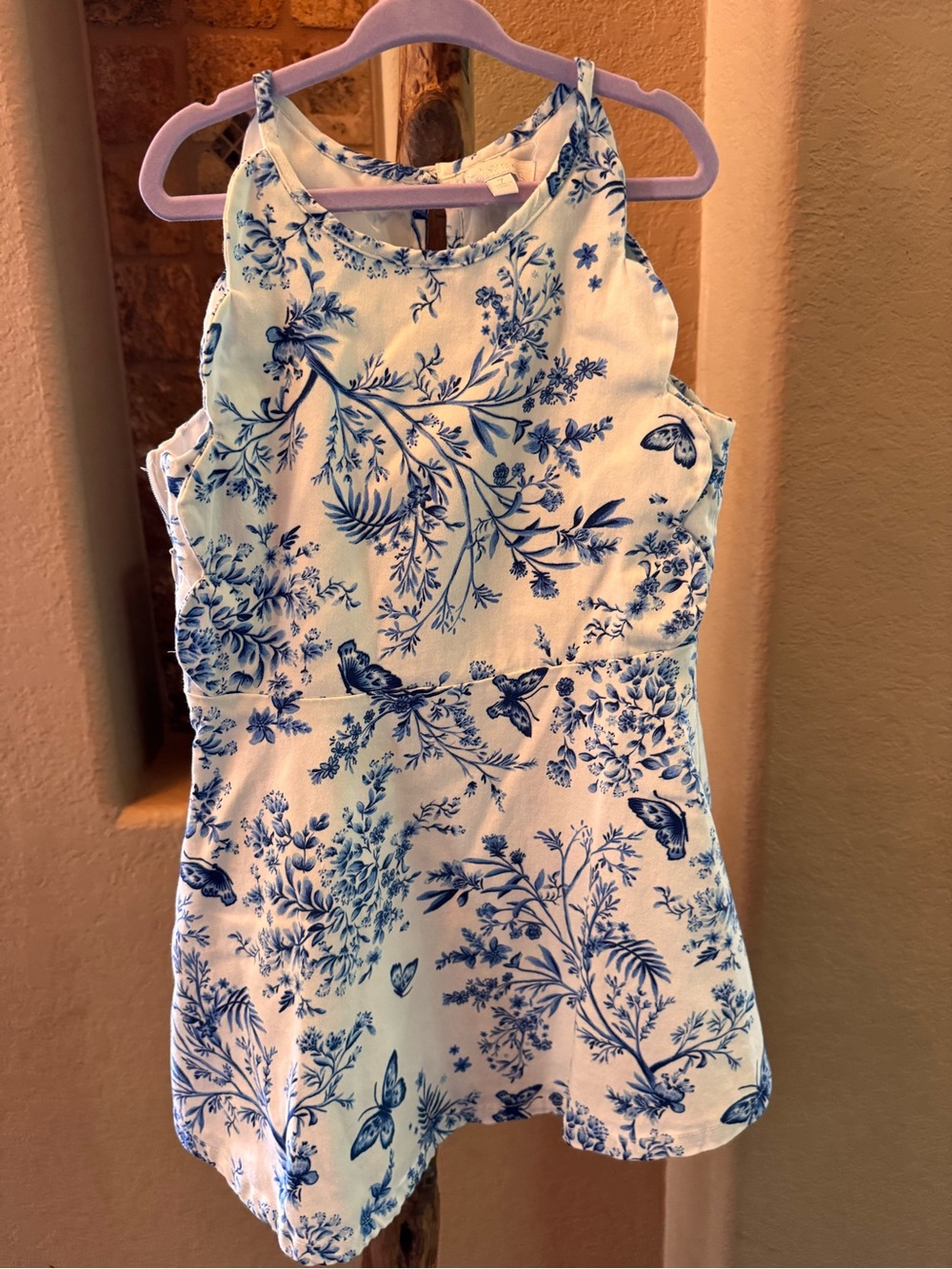 btween White Dress with Blue Floral & Bird Print